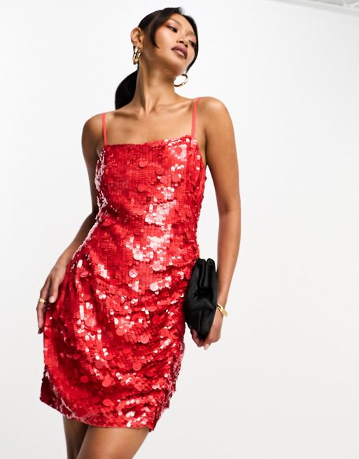 FhyzicsShops Edition – Czerwona sukienka mini na ramiączkach z cekinami i marszczeniem z boku