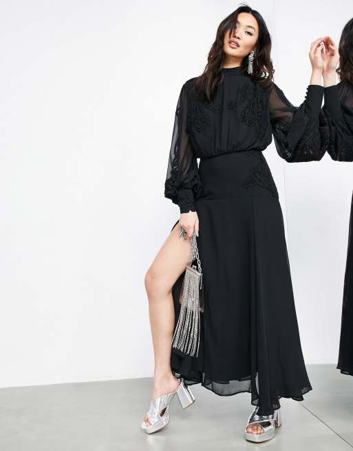 ASOS EDITION delicate embroidered midi dress with blouson sleeve in black |  ASOS