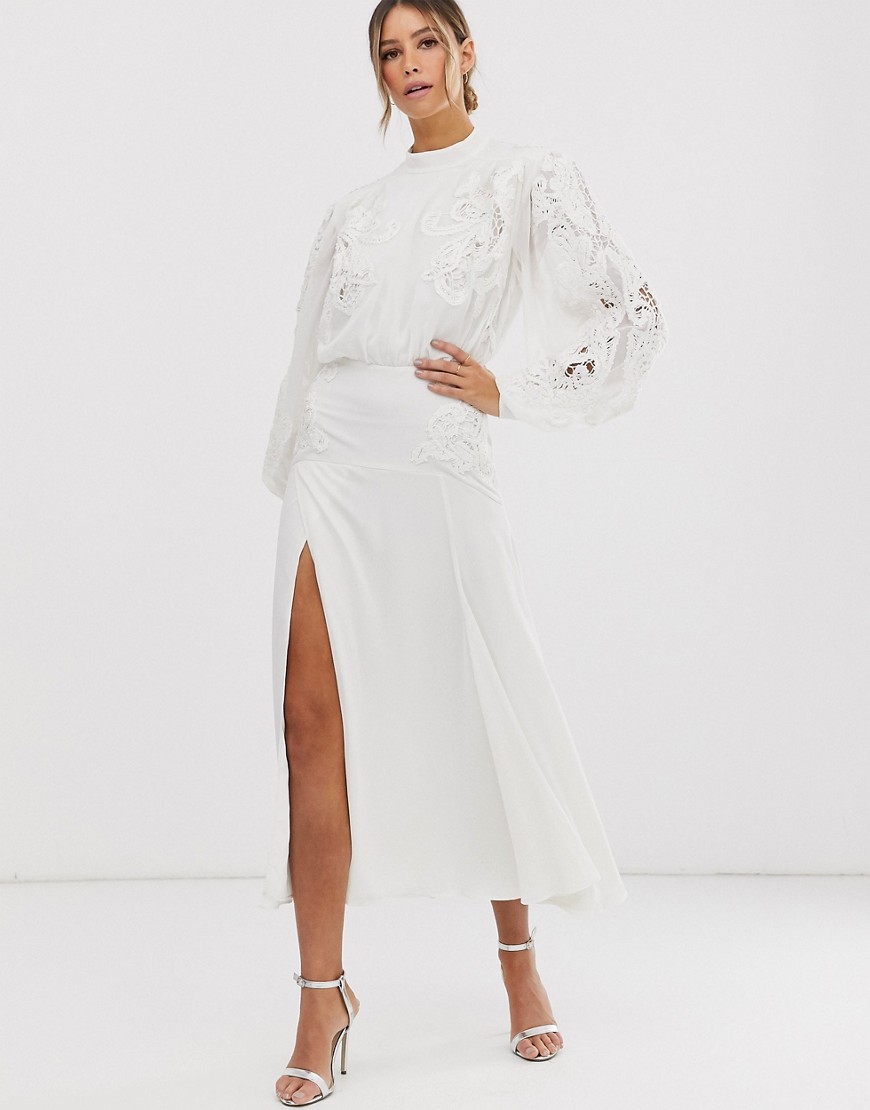 ASOS EDITION delicate embroidered midi dress with blouson sleeve-White