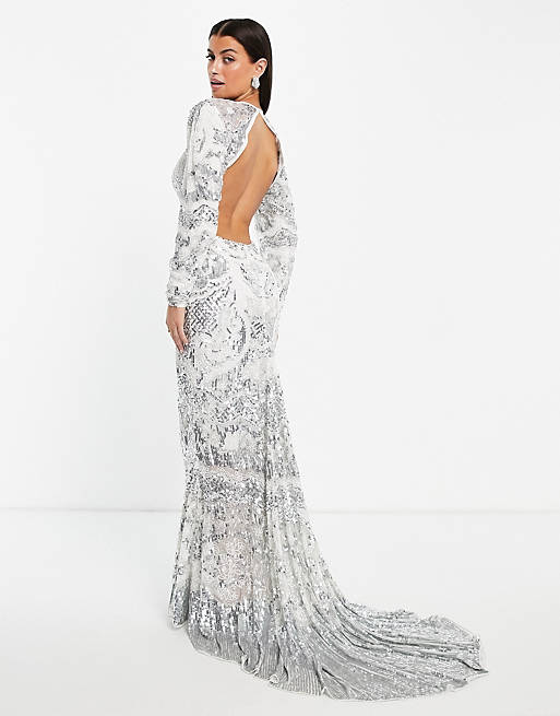 Women Delilah floral embellished wedding dress with fishtail in silver 