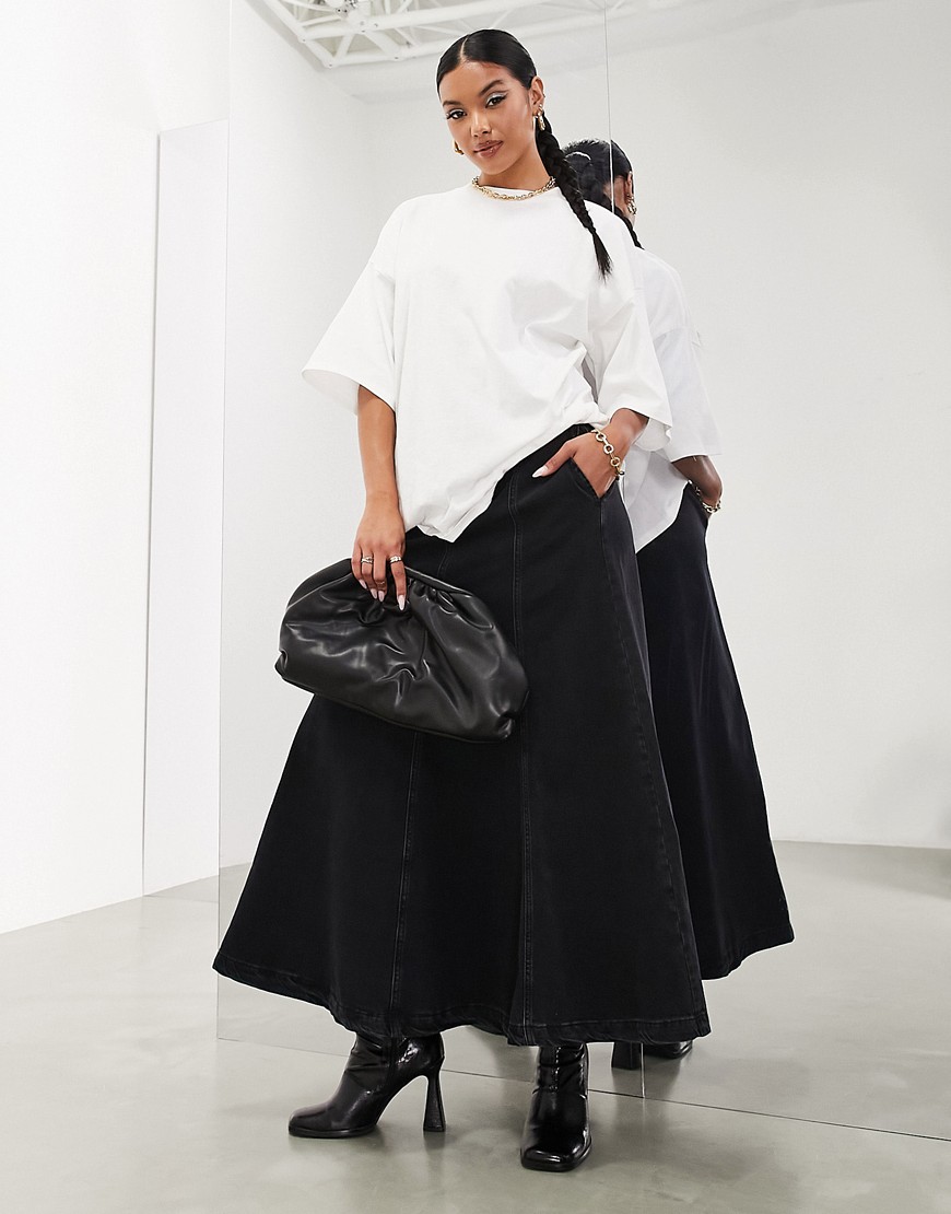 Asos Design Denim A-line Maxi Skirt In Washed Black