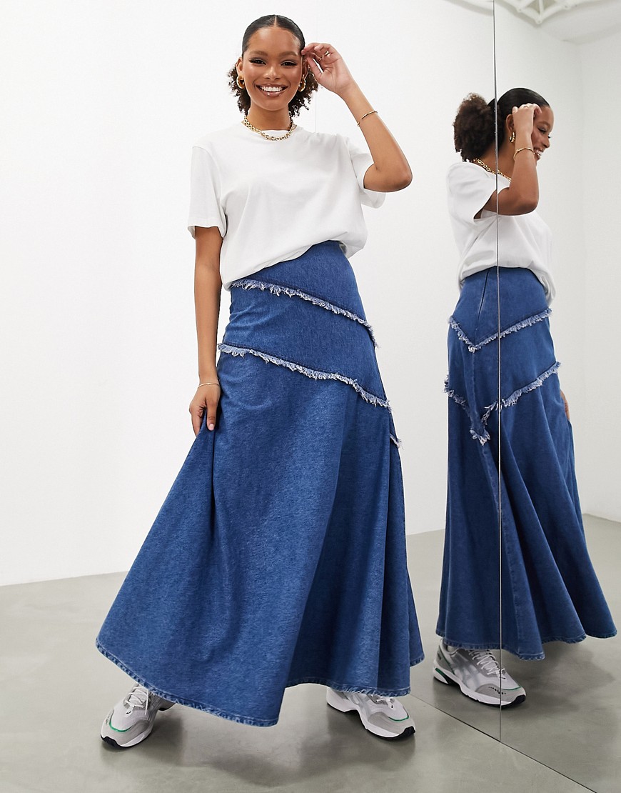 Asos Design Denim A-line Maxi Skirt With Frayed Detail In Blue