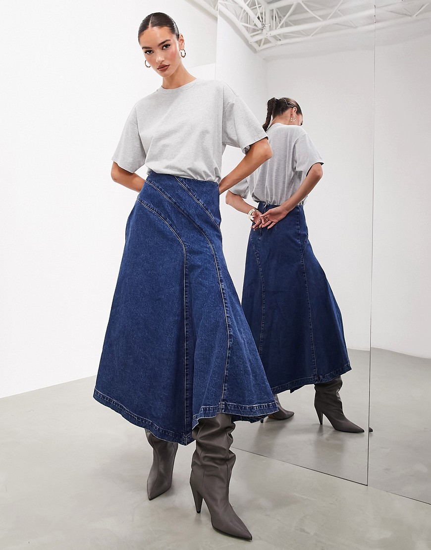 Asos Design Denim A Line Maxi Skirt With Seam Detail In Mid Blue