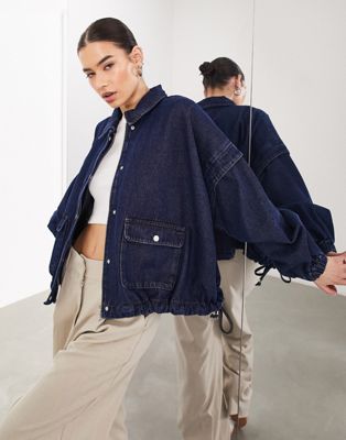 ASOS EDITION denim bomber jacket with collar in mid blue