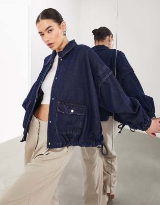 ASOS EDITION denim bomber jacket with collar in mid blue