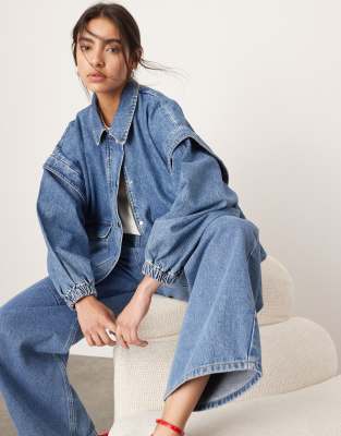 Asos Design Denim Bomber Jacket With Collar In Mid Blue