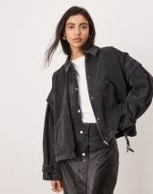 ASOS EDITION denim bomber jacket with tab sleeve detail in washed black