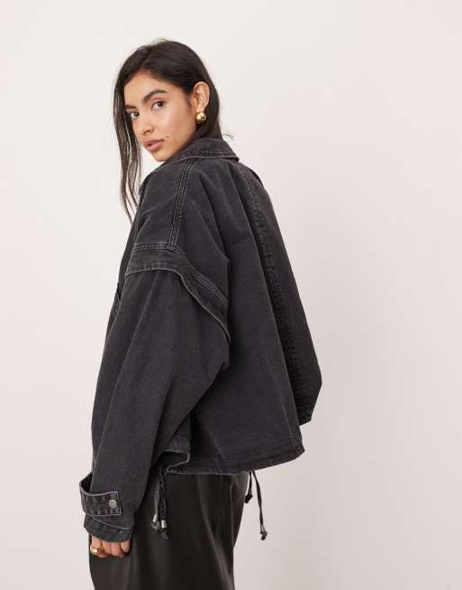 ASOS EDITION denim bomber jacket with tab sleeve detail in washed black