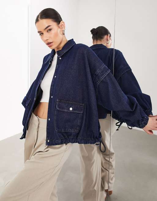ASOS EDITION - Denim bomberjack met kraagje in middenblauw