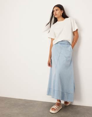 denim full midi skirt in bleach wash blue