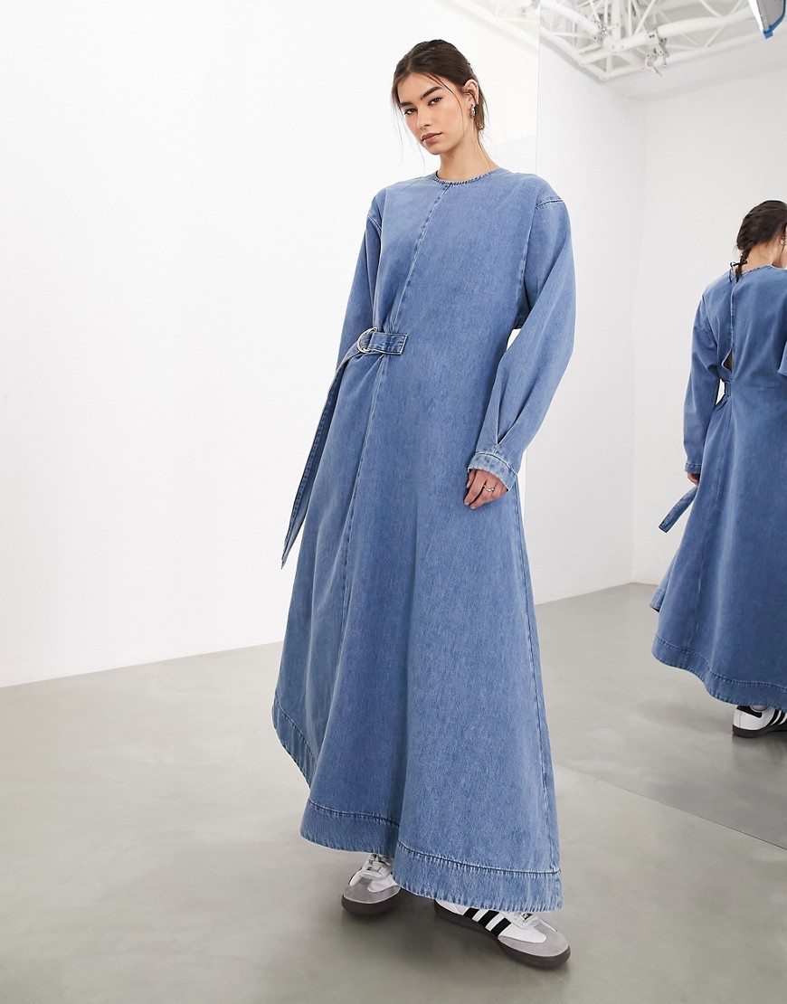 Asos Design Denim Long Sleeve Maxi Dress With D Ring In Mid Wash Blue