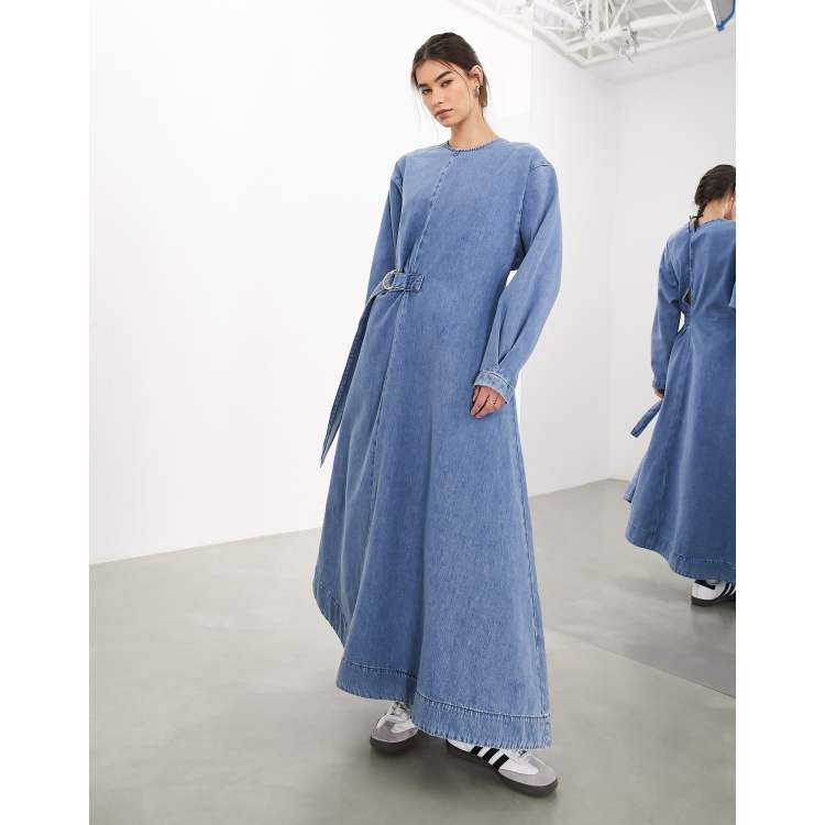 ASOS EDITION denim long sleeve maxi dress with d ring in mid wash blue