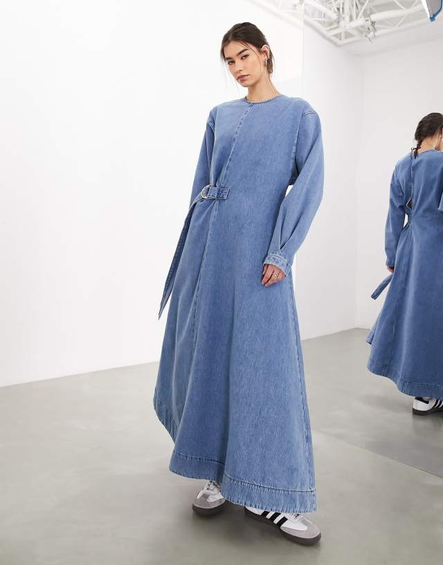 ASOS EDITION denim long sleeve maxi dress with d ring in mid wash blue