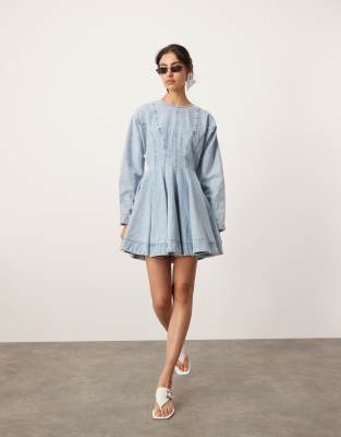 ASOS EDITION denim long sleeve mini dress with seam details in bleach wash blue