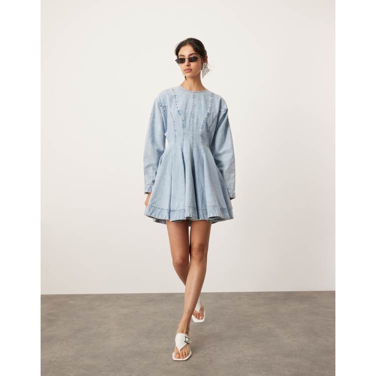 apron button-front denim dress J.nna Mineral Washed Button Down Front Maxi in Ice Blue Denim S at June Adel Its a unique and Sweetheart Neck Denim Dress Color:24FS1404 Ilene