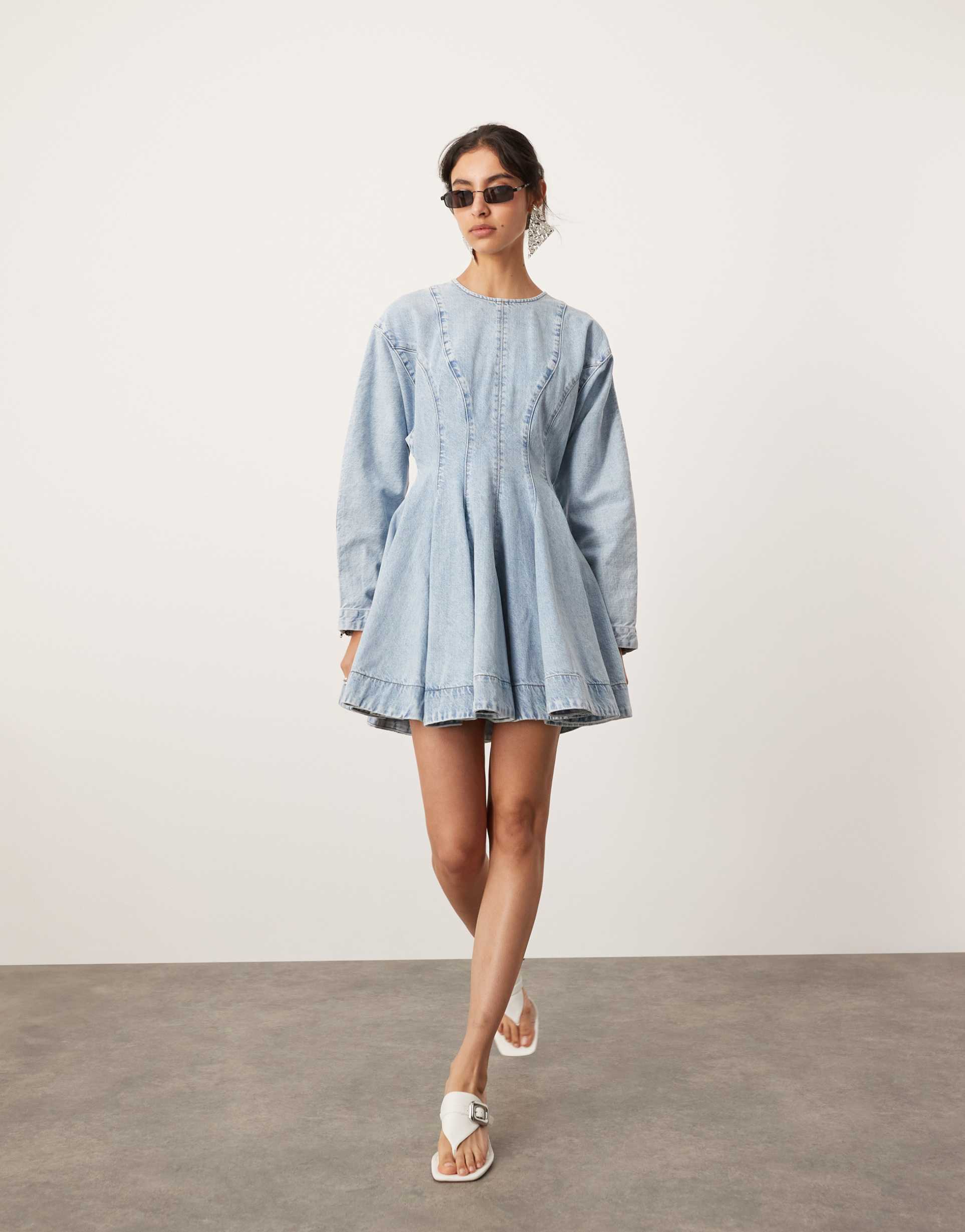 asos edition denim long sleeve mini dress with seam details in bleach wash blue