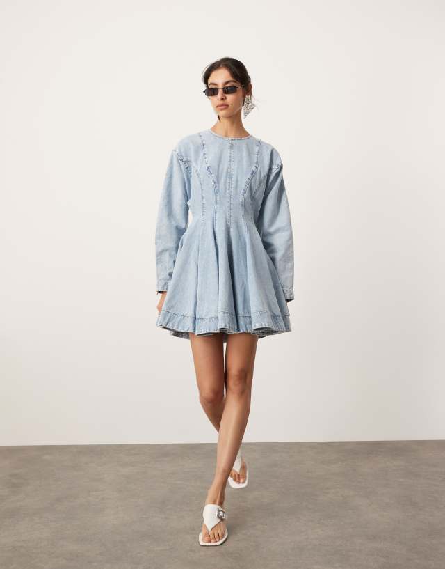 light blue jean dress ASOS EDITION denim long sleeve mini with seam details in bleach wash Miss Missy Paper Dolls: Gold-Tone Length:Floor Length The Jacee Denim Dress
