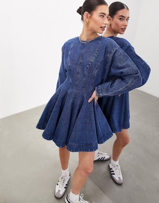 Asos Design Denim Long Sleeve Mini Dress With Seam Details In Mid Blue
