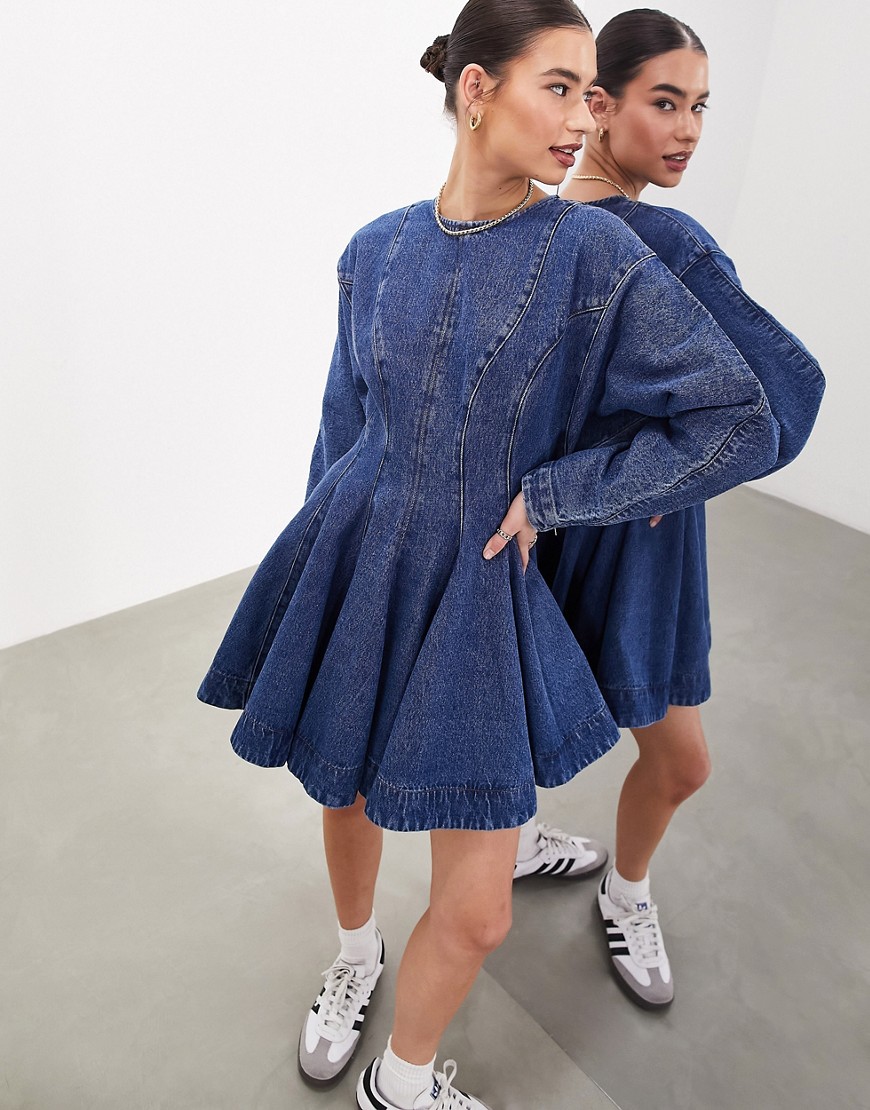 ASOS EDITION denim long sleeve mini dress with seam details in mid blue