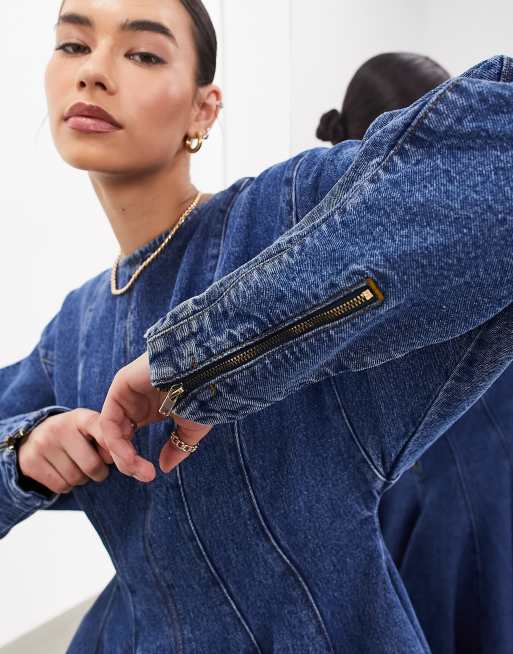 ASOS EDITION denim long sleeve mini dress with seam details in mid blue |  ASOS