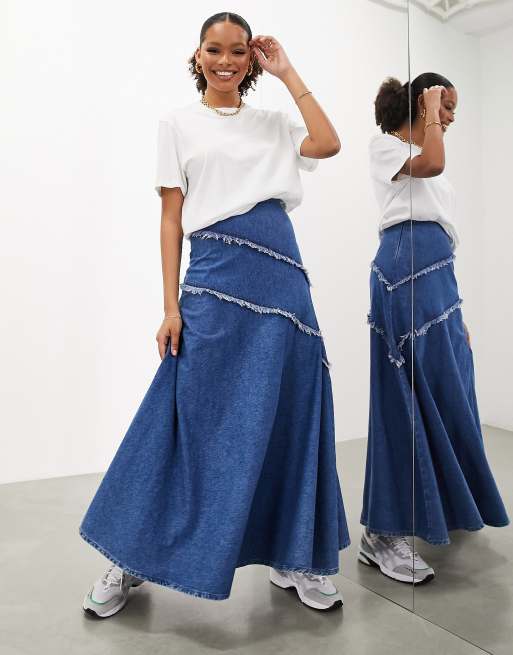 ASOS EDITION Denim maxi rok met A lijn en rafelig detail in blauw