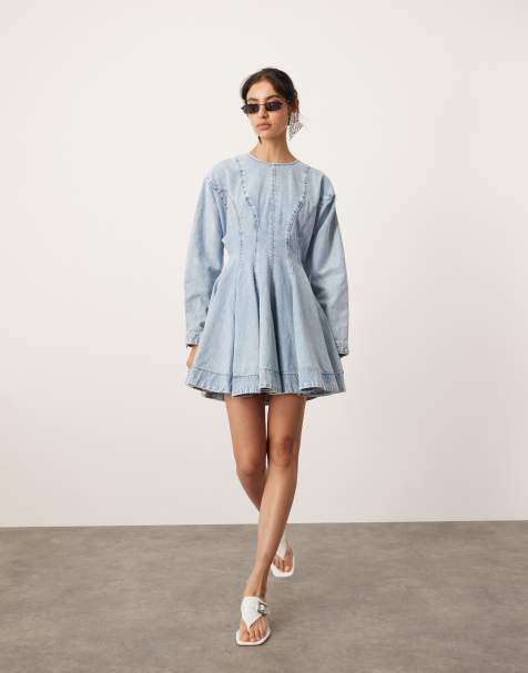 ASOS EDITION - Denim mini jurk met lange mouwen en naaddetails in blauw met bleekwassing - view 1
