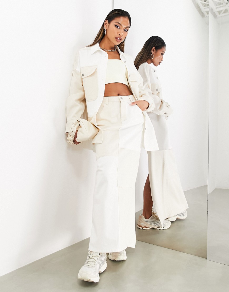 Asos Design Denim Patchwork Maxi Skirt In Cream And White