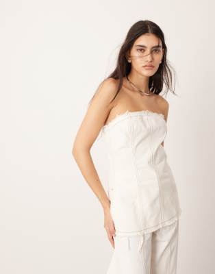 Asos Design Denim Seam Detail Bandeau Top With Raw Edge In Ecru - Part Of A Set-white