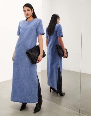 denim shoulder pad midaxi dress in blue