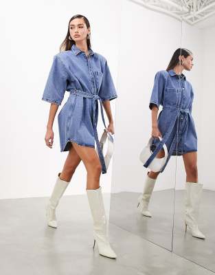 denim shoulder pad mini dress with belt in mid blue