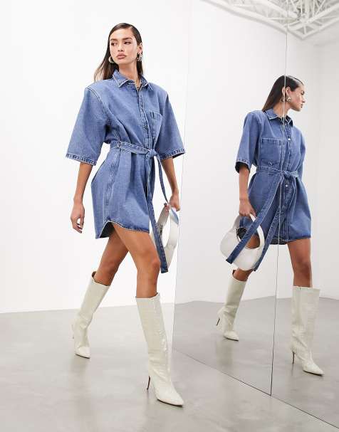 ASOS EDITION denim shoulder pad mini dress with belt in mid blue - view 1