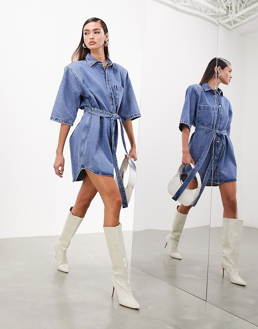 ASOS EDITION denim shoulder pad mini dress with belt in mid blue