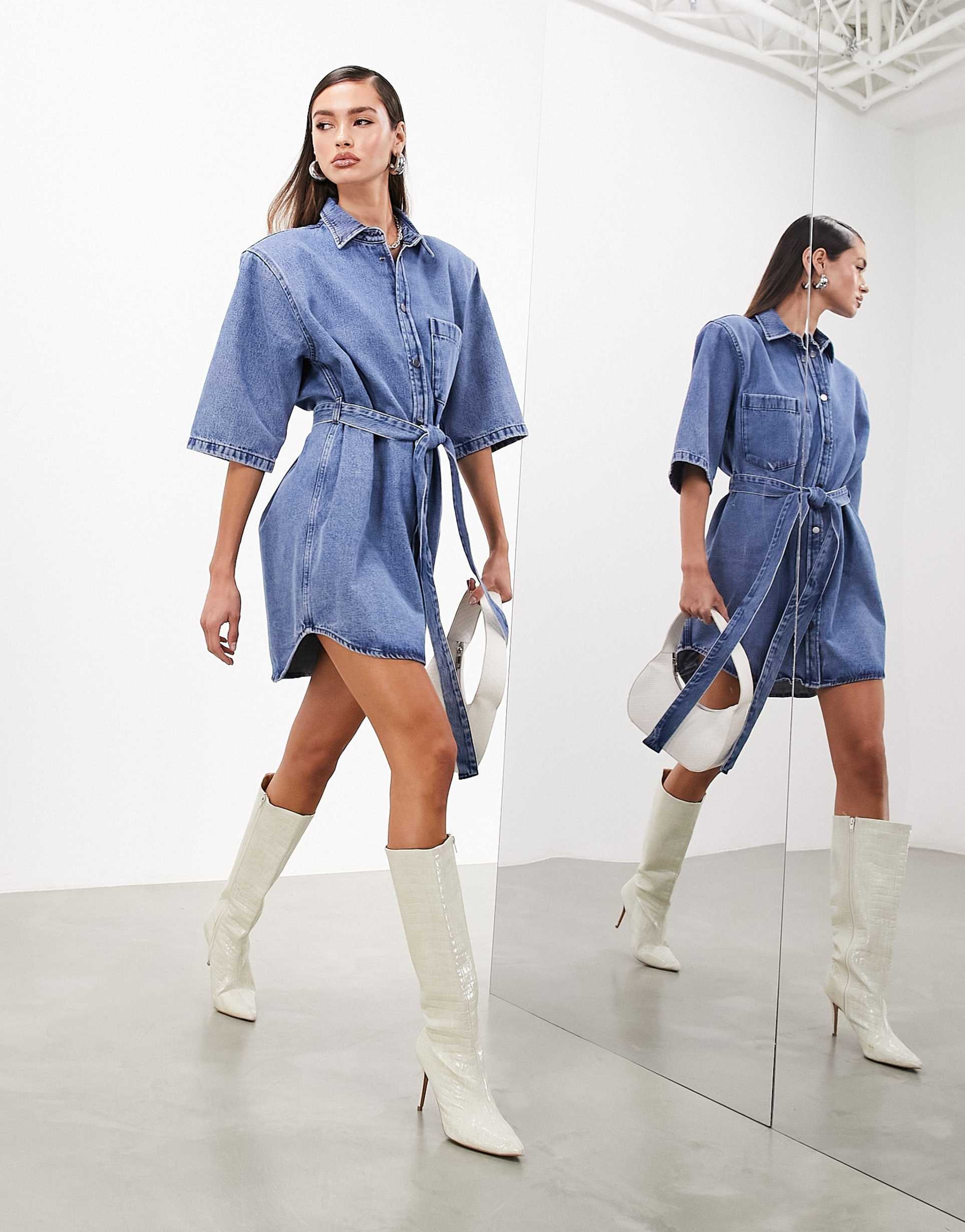 asos edition denim shoulder pad mini dress with belt in mid blue