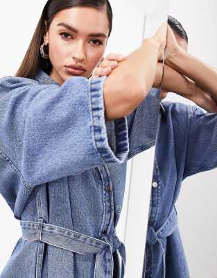 asos edition denim shoulder pad mini dress with belt in mid blue