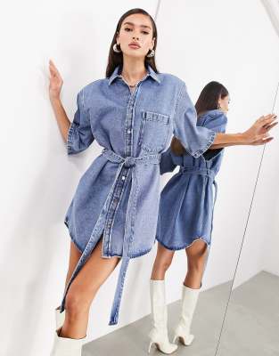 asos edition denim shoulder pad mini dress with belt in mid blue