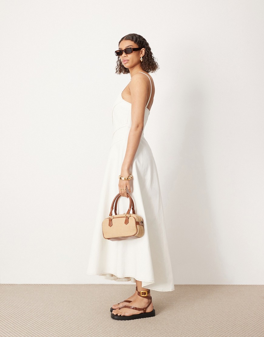 Asos Design Denim Strappy Maxi Dress With Raw Seam Details In Ecru-white