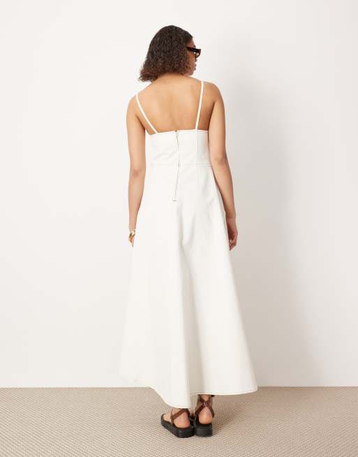 ASOS EDITION denim strappy maxi dress with raw seam details in ecru, 3 of 4