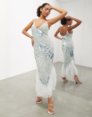 Asos Design Diamond Sequin And Crystal Midi Dress With Faux Feather Hem In Ice Blue