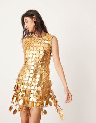 Asos Design Disc Embellished Mini Dress In Bronze-gold