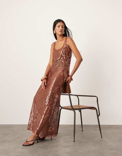 ASOS EDITION - Doorschijnende maxi hemdjurk met grote lovertjes en onafgewerkte zoom in chocoladebruin - view 1
