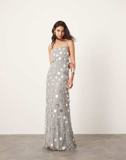 ASOS EDITION - Doorschijnende maxi jurk met bloemenversiering, hangende siersteentjes en lage rug in zilver - view 1
