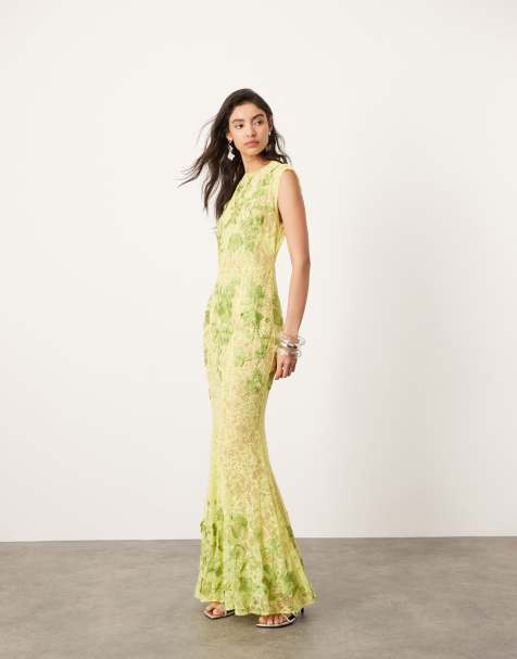 ASOS EDITION - Doorschijnende maxi jurk van gebloemd kant met borduursels en open achterkant in limoengroen - view 1