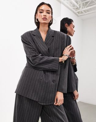 Asos Design Double Breasted Mansy Blazer In Charcoal Pinstripe-black