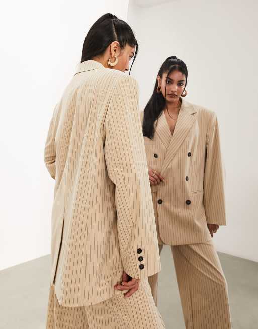 ASOS EDITION double breasted mansy blazer in taupe pinstripe part of a set