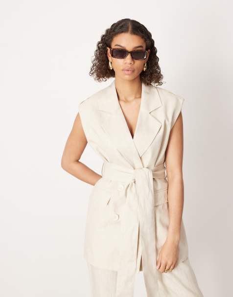 ASOS EDITION double breasted sleeveless blazer co-ord with belt in stone - view 1