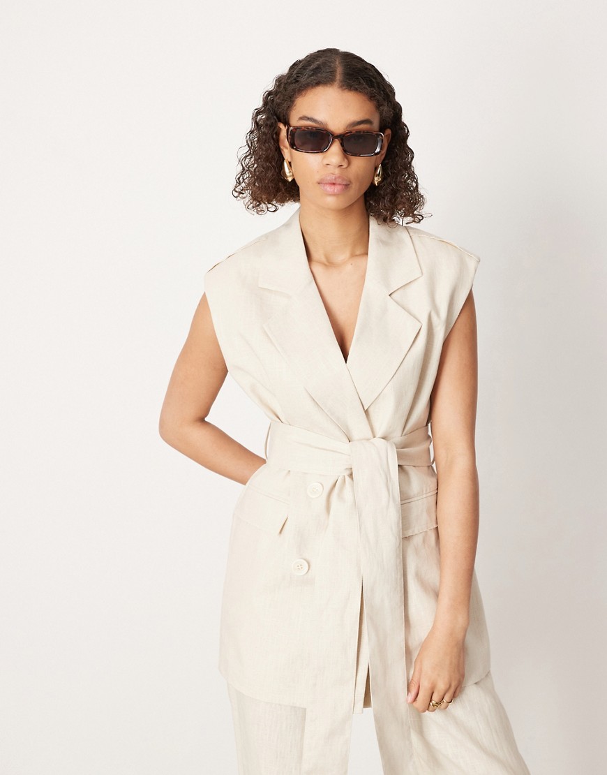 Asos Design Double Breasted Sleeveless Blazer With Belt In Stone - Part Of A Set-neutral
