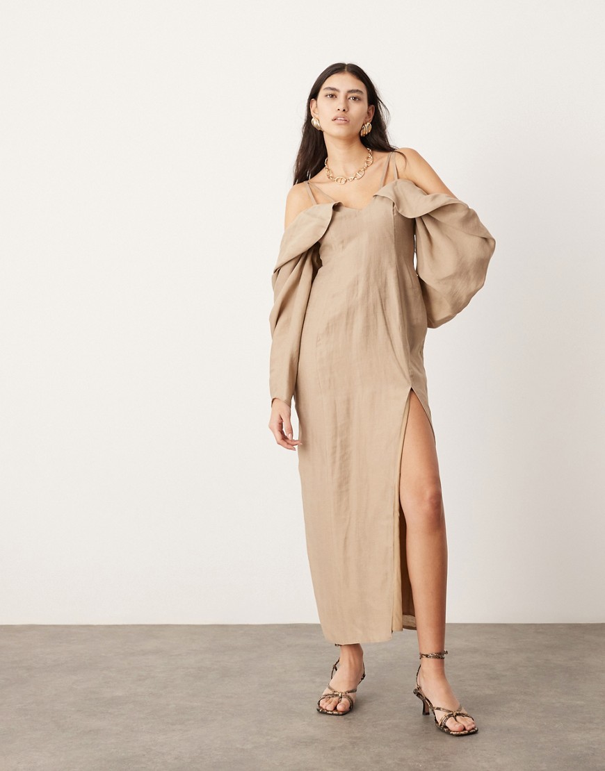 ASOS EDITION drama bardot midi dress with long sleeve in camel-Neutral