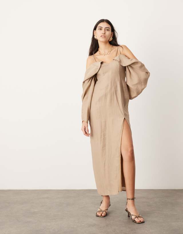 ASOS EDITION - drama bardot midi dress with long sleeve in camel