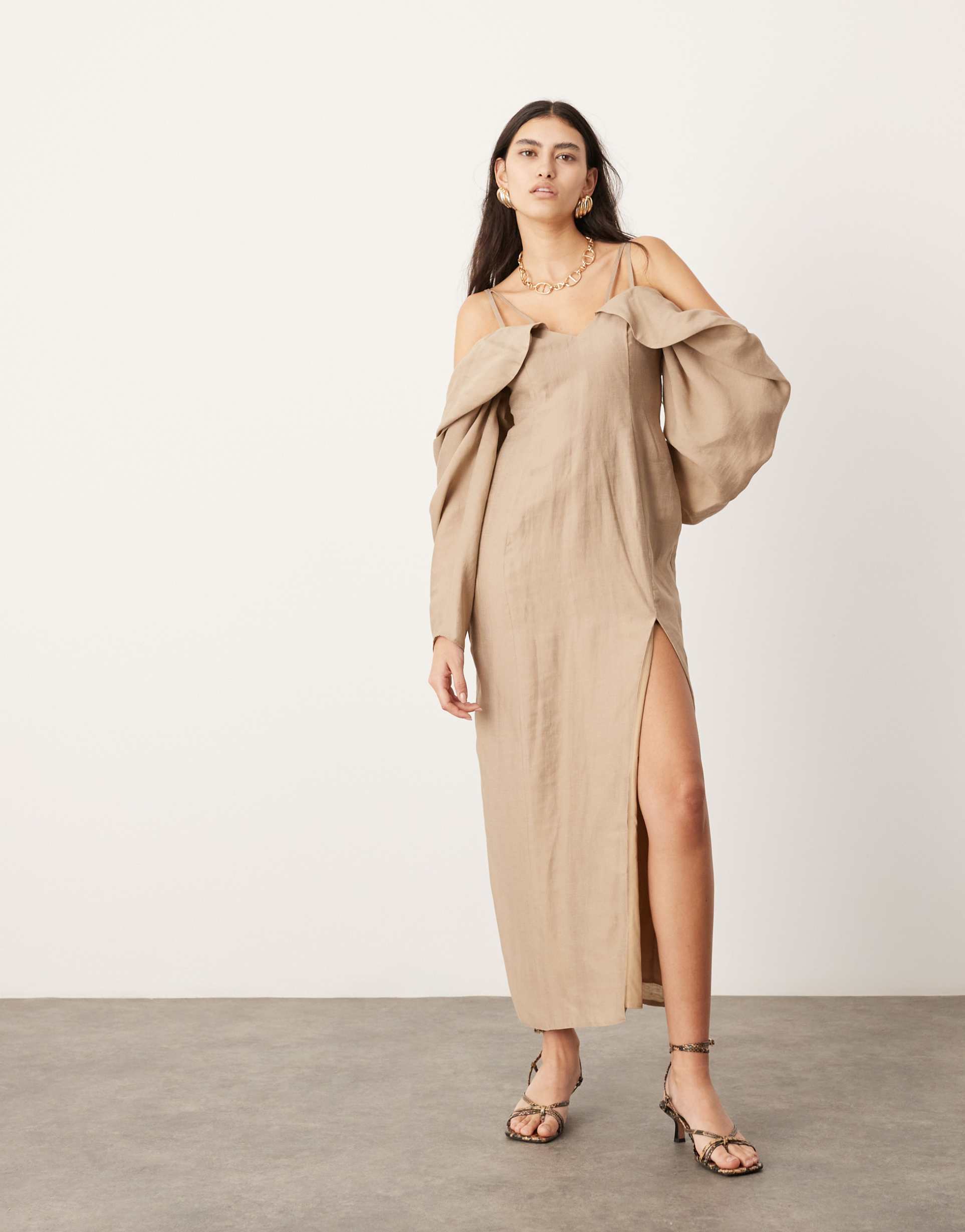 asos edition drama off the shoulder midaxi dress with long sleeves in camel