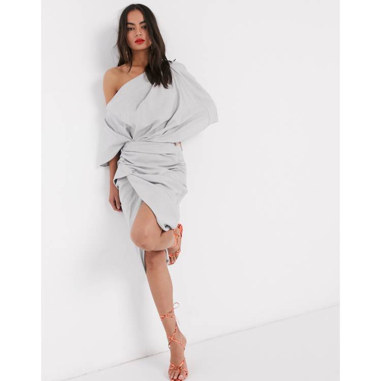 asos edition drape asymmetric midi dress in satin ASOS DESIGN satin one shoulder drape midi dress in red